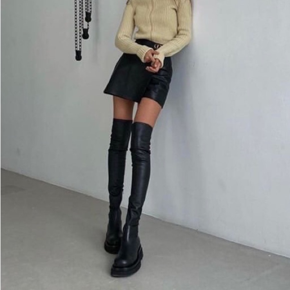 Nasty Gal Stretch Faux Leather Cleated Over The Knee Boots